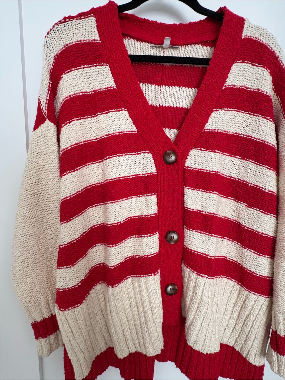 Women's Red and Cream Striped Button Cardigan Sweater - Picture 1 of 2